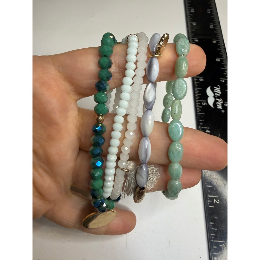 Lisi Lerch Beaded Stretch Bracelet Stack Green White Grey Pom Tassel 5 Piece Set